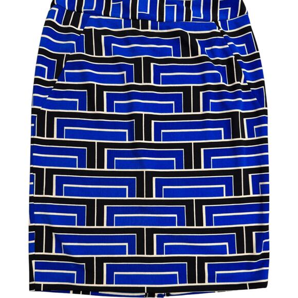 Premise Straight Pencil Skirt Size 8 Blue Black & White Geometric Pattern Slit - Picture 2 of 9